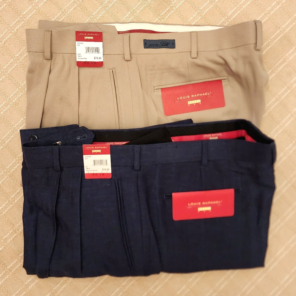Louis Raphael Pants. The Blue Pair is made of Linen and the Khaki made of Silk
